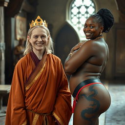 In a medieval room, a very happy 40-year-old malnourished blonde woman with blue eyes and medium blonde hair stands, appearing notably short