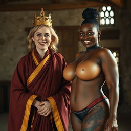 In a medieval room, a very happy 40-year-old malnourished blonde woman with blue eyes and medium blonde hair stands, appearing notably short