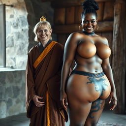 In a medieval room, a very happy 40-year-old malnourished blonde woman with blue eyes and medium blonde hair stands, appearing notably short