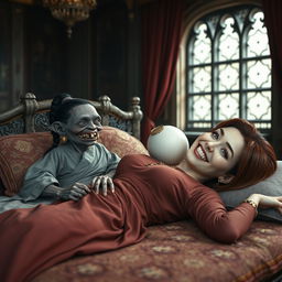 Two characters lying on a large medieval bed in an opulent medieval room