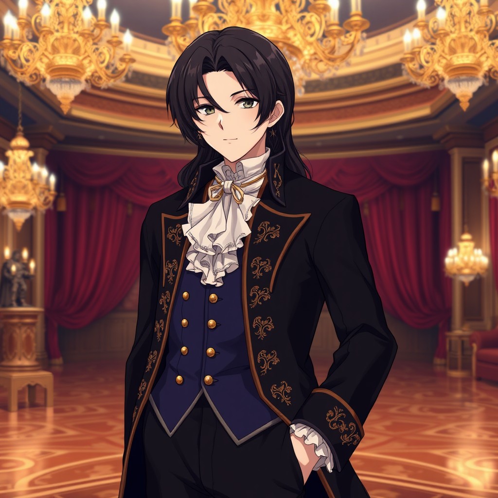 An anime character with deep, lustrous dark hair that flows smoothly down to their shoulders, elegantly styled to reflect 18th-century aristocratic fashion