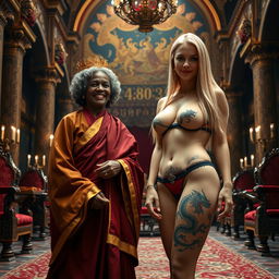 In a grand medieval chamber adorned with rich tapestries and ornate furnishings, a heartwarming scene captures a 45-year-old African woman, petite and undernourished, with curly gray hair, radiating happiness as she wears a long, flowing Buddhist robe with golden edges and a golden crown on her head