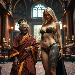 In a grand medieval chamber adorned with rich tapestries and ornate furnishings, a heartwarming scene captures a 45-year-old African woman, petite and undernourished, with curly gray hair, radiating happiness as she wears a long, flowing Buddhist robe with golden edges and a golden crown on her head