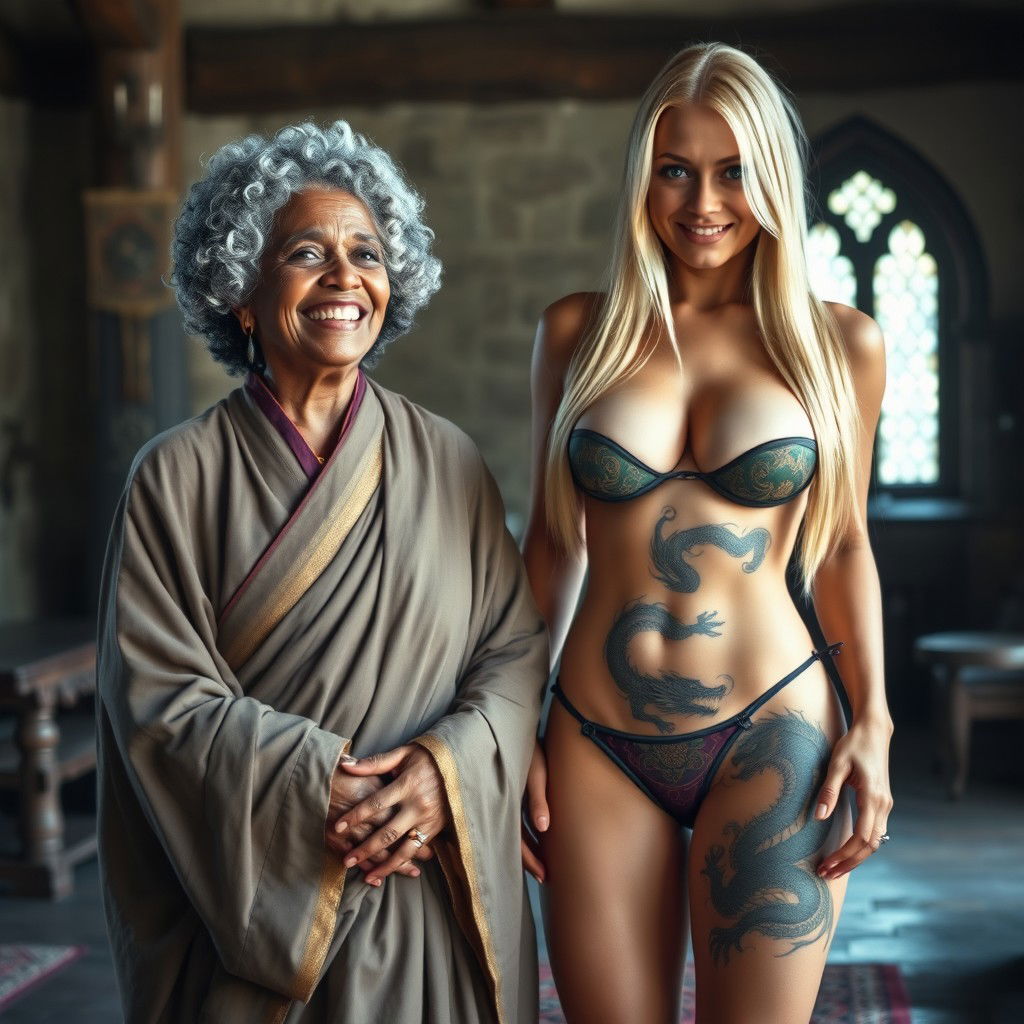 In a medieval room, a joyful, petite 45-year-old African woman with gray curly hair, wearing a long, wide Buddhist robe adorned with golden edges, smiling radiantly