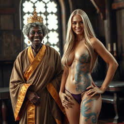 In a medieval room, a very happy, 45-year-old African woman with gray curly hair, wearing a long, wide Buddhist robe adorned with golden edges, and a golden crown on her head stands beside a stunning 27-year-old blonde woman