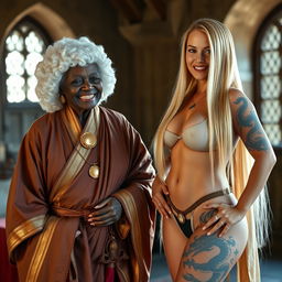 In a medieval room, an elderly African woman, around 70 years old, petite and undernourished, smiles brightly while wearing a white colonial judge wig from the 18th century