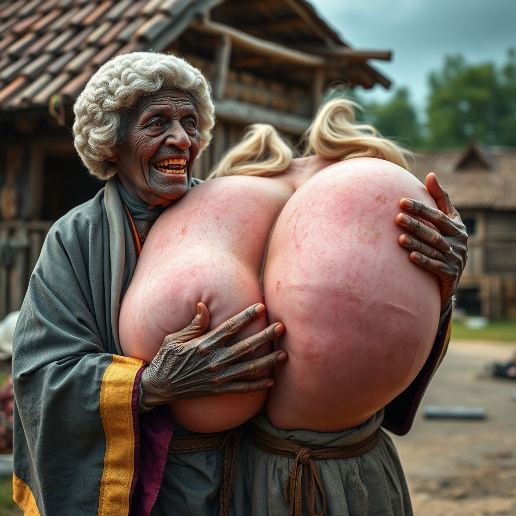 In a medieval village, an elderly Black woman, short and emaciated with rotten teeth, is dressed in a long, closed Buddhist robe adorned with golden edges, and she wears a traditional white colonial judge wig from the 18th century