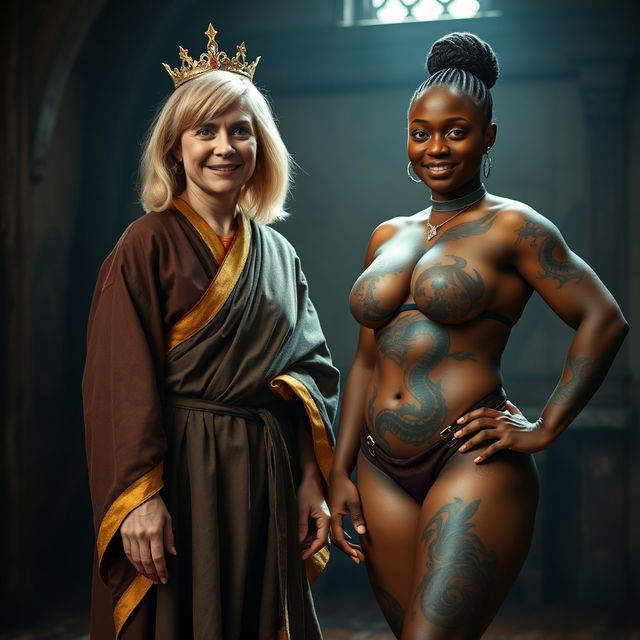 In a medieval room, a cheerful 45-year-old blonde woman with medium-length hair and bright blue eyes stands happily