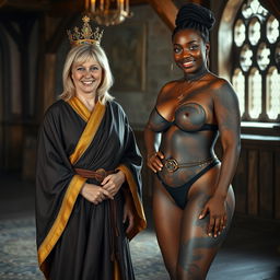 In a medieval room, a cheerful 45-year-old blonde woman with medium-length hair and bright blue eyes stands happily
