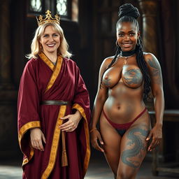 In a medieval room, a cheerful 45-year-old blonde woman with medium-length hair and bright blue eyes stands happily