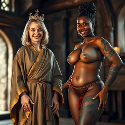 In a medieval room, a cheerful 45-year-old blonde woman with medium-length hair and bright blue eyes stands happily