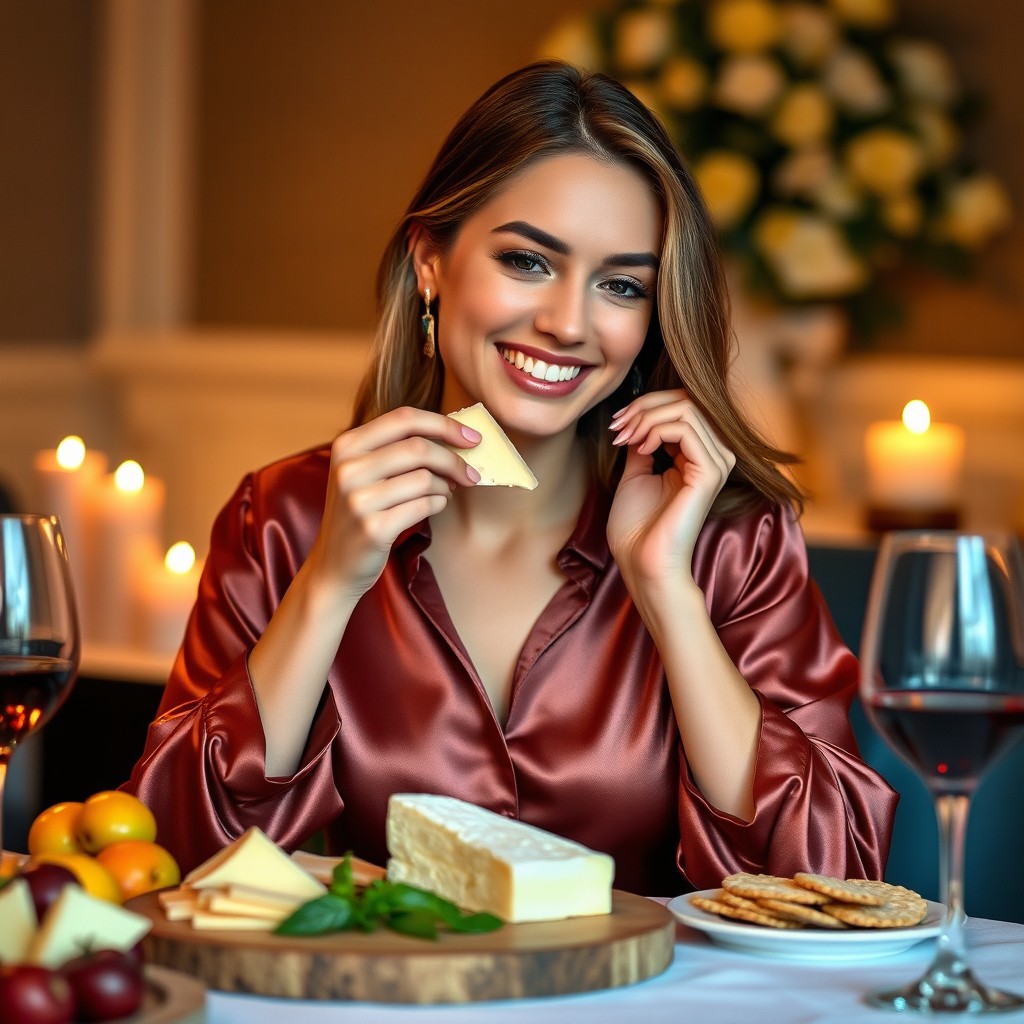 A young woman wearing a stylish, silky satin blouse sits at a beautifully set table, indulging in a delicious wedge of gourmet cheese
