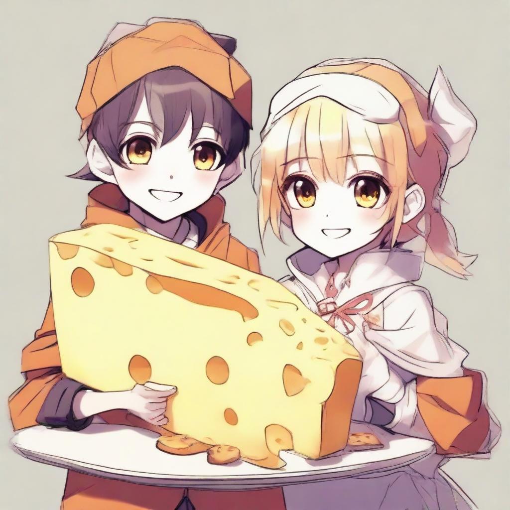 Anime sketch of a cool boy and cute girl, both wearing quirky and appealing costumes themed around a piece of delicious cheese.