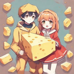 Anime sketch of a cool boy and cute girl, both wearing quirky and appealing costumes themed around a piece of delicious cheese.