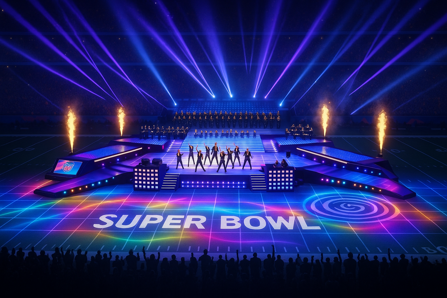 Generate a design for a stage for a football super cup inspired by this image