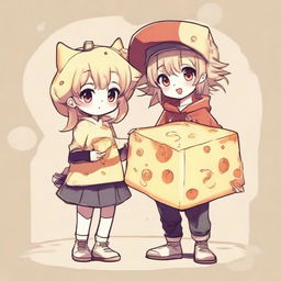 Anime sketch of a cool boy and cute girl, both wearing quirky and appealing costumes themed around a piece of delicious cheese.