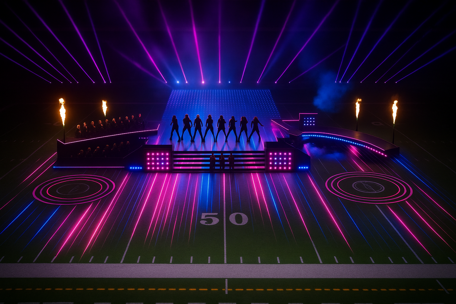 Generate more examples of stage design for the football super cup inspired by this image but show the stage within the football field. Remove the super bowl logo