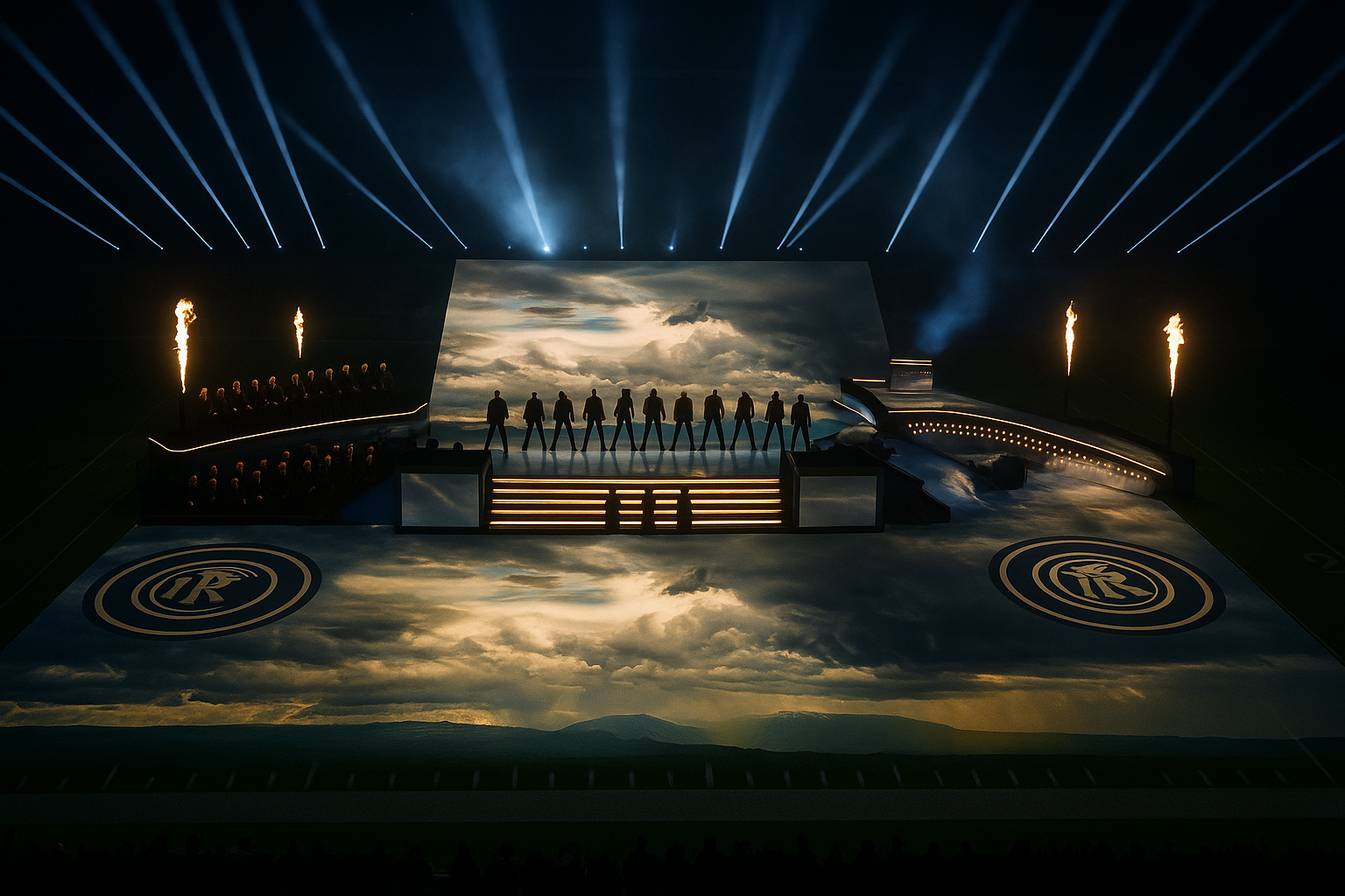 Generate more examples of stage design for the football super cup inspired by this image but show the stage within the football field. Remove the super bowl logo. And replace the floor design of the first image with the visual in the second image