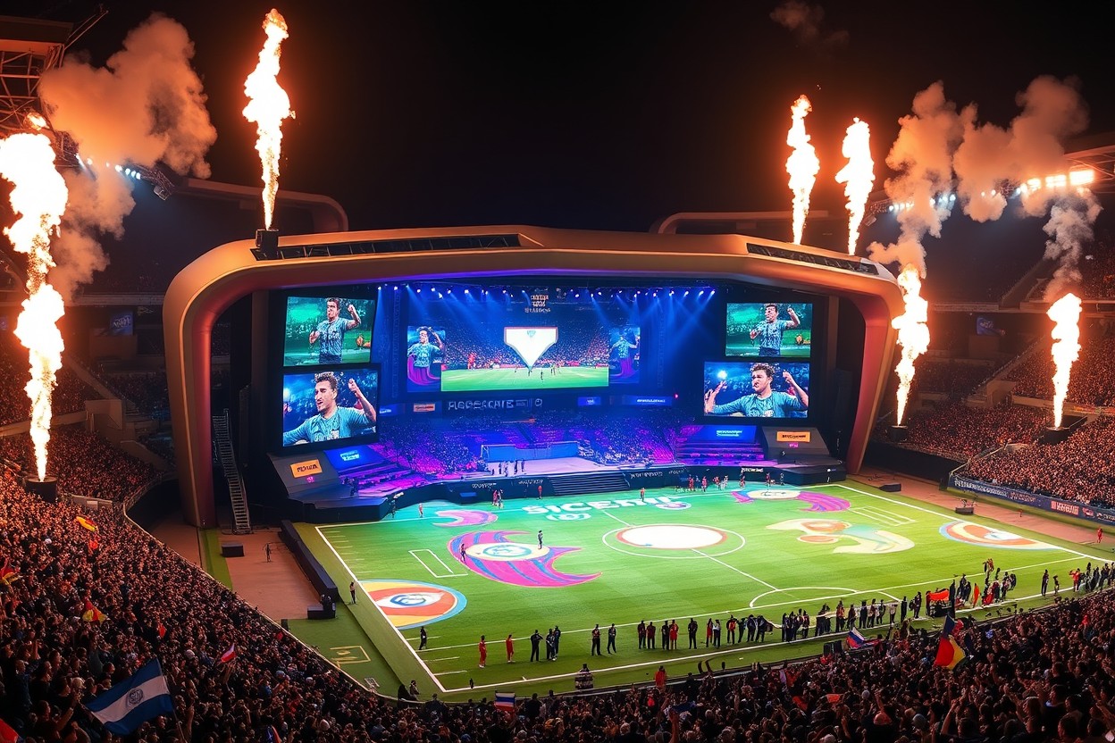 An innovative stage design for a super cup football event, set directly on a football field