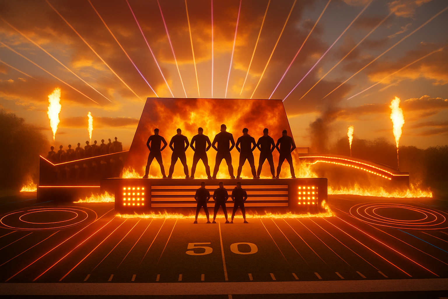 Add lighting effects fire, time of the day afternoon, make performers on stage males not females