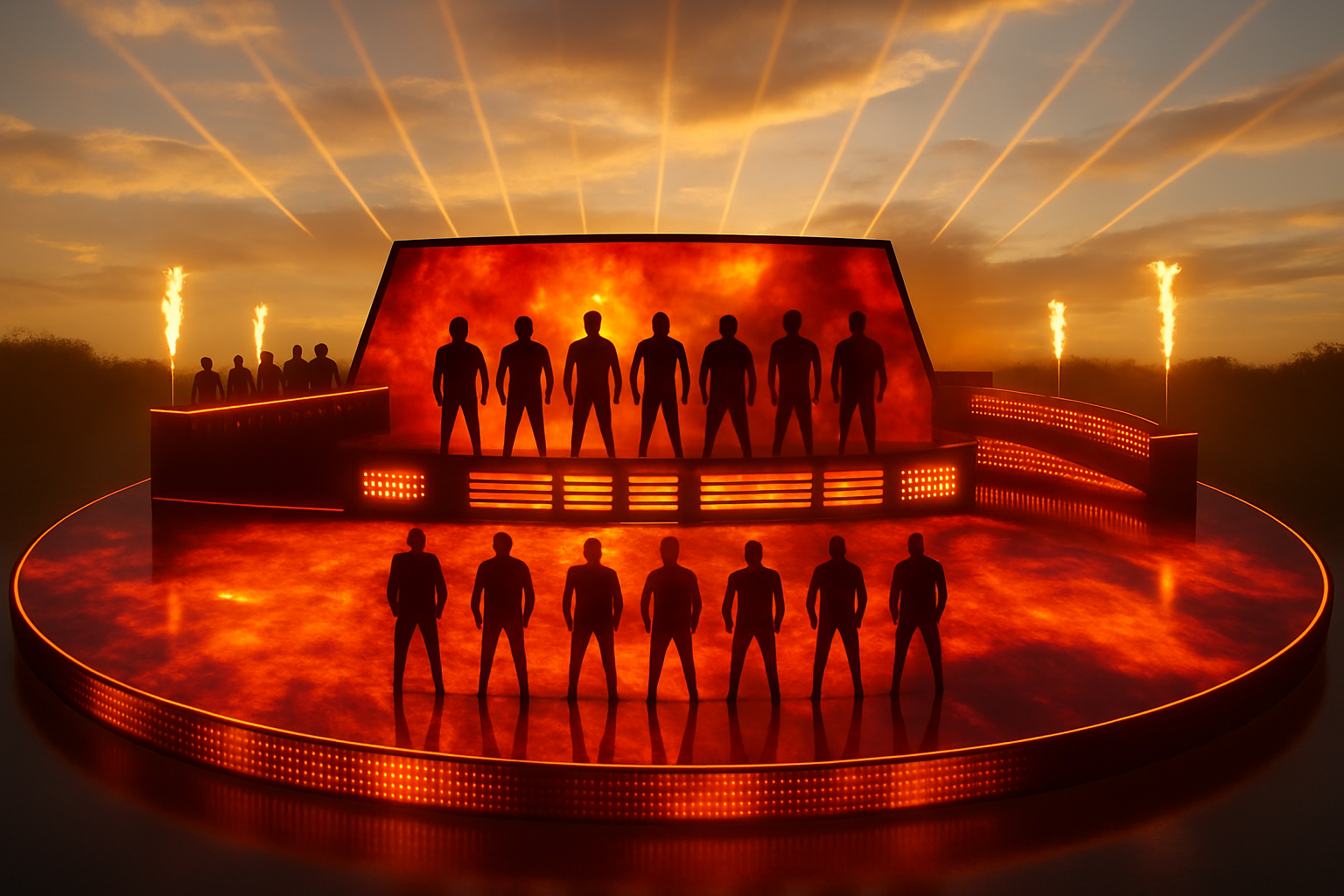 Change the floor into a half circle LED screens around the stage with same visual instead of projection mapping . Time of the event afternoon