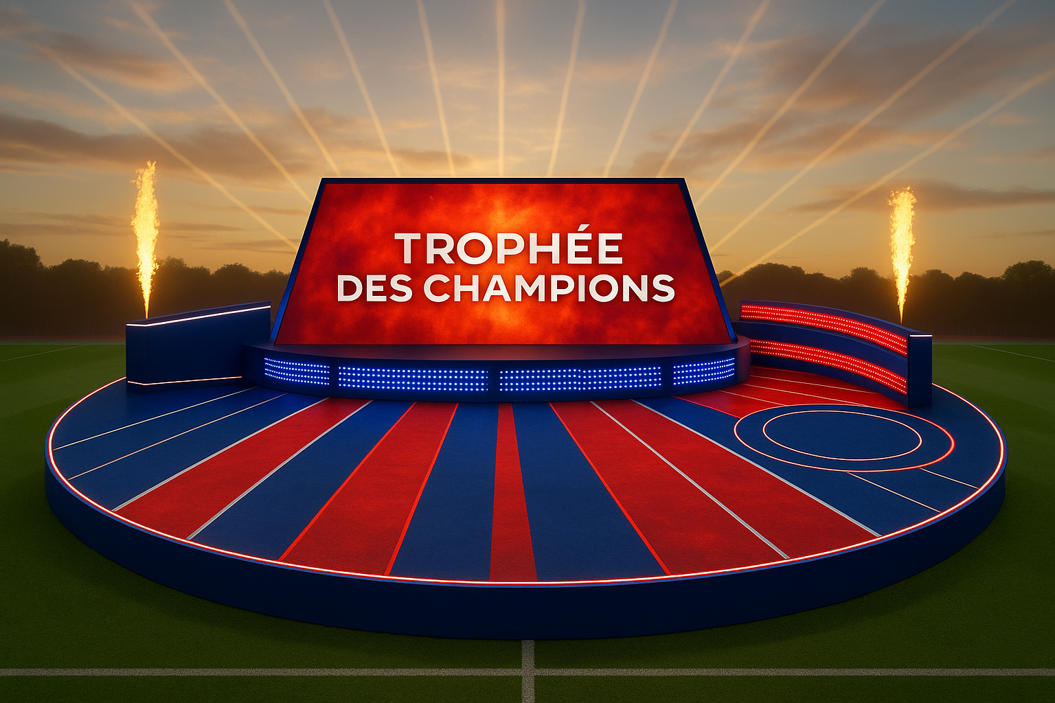 Please keep the stage within a football field. Change overall colors into red blue white it is the french super cup and remove performers