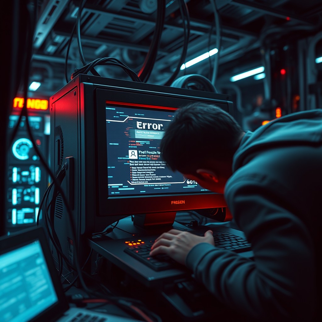 A powerful, futuristic computer system frozen on a screen with glitchy graphics displaying an error message