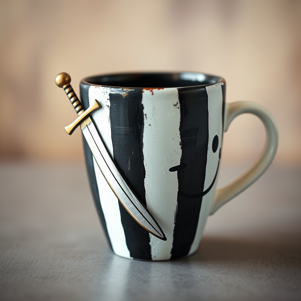 A whimsical, artistic interpretation of a coffee cup featuring a playful design