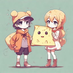 Anime sketch of a cool boy and cute girl, both wearing quirky and appealing costumes themed around a piece of delicious cheese.