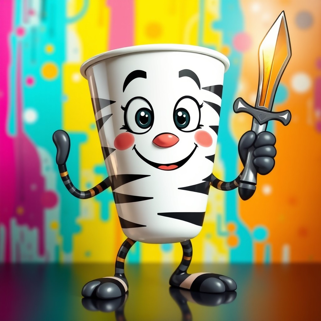 A whimsical anthropomorphic cup with a playful expression, featuring black and white stripes all over its body