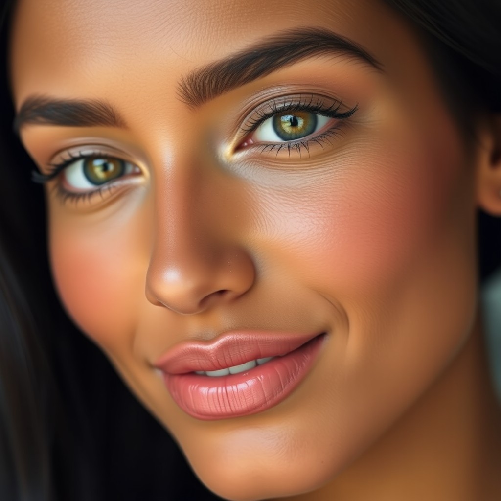 A beautiful woman with a prominent nose, a calm and serene face, clean brown skin, clear and tranquil eyes, neatly shaped eyebrows, and black hair