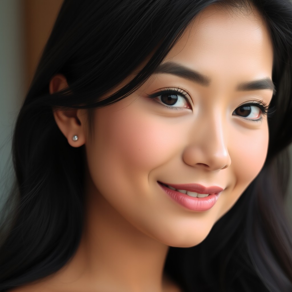 A beautiful woman with a prominent nose and a calm, natural face, showcasing a mix of Surabaya Malay features