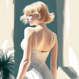 A high-quality digital art image featuring a blonde woman with bangs, wearing a sundress