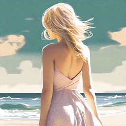 A high-quality digital art image featuring a blonde woman with bangs, wearing a sundress