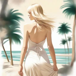 A high-quality digital art image featuring a blonde woman with bangs, wearing a sundress