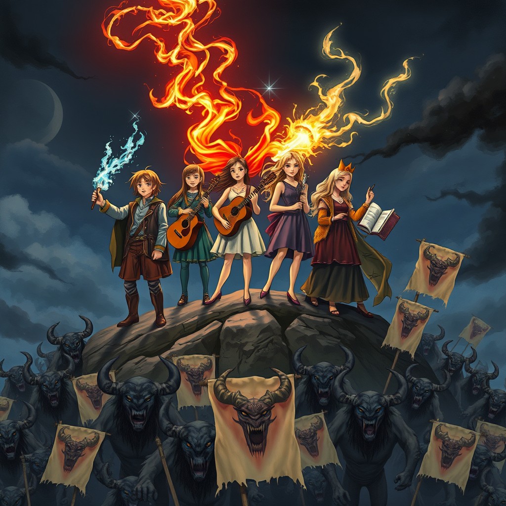 Against a dark and sinister night sky, a group of young artists stands atop a mountain
