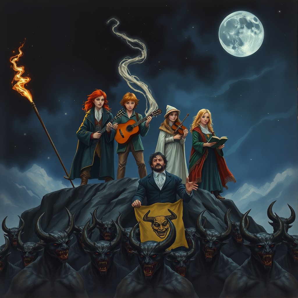 In a dark, sinister night sky, atop a mountain, stand a group of adults: a Ukrainian artist with russet hair, wielding a magical paintbrush; a red-haired singer whose mouth exudes a magical wave; a light-haired female musician holding a guitar; a brown-haired sculptor; a blonde poetess carrying a magical scroll; and a dark-haired writer with a book