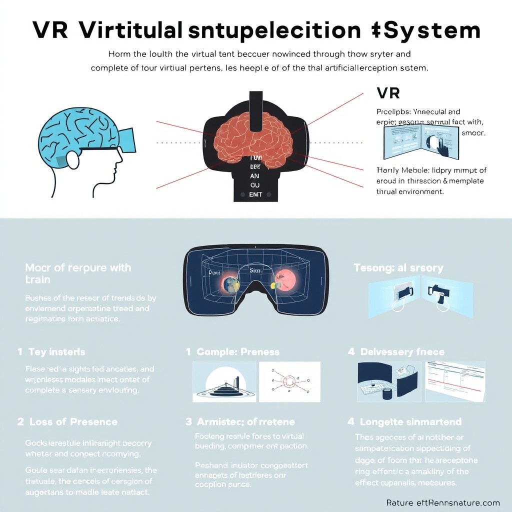 An educational infographic summarizing the concept of virtual reality (VR) as an artificial perception system, referencing new research from journals such as Nature and Frontiers