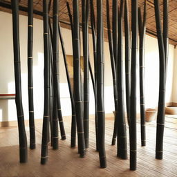 Showcase the stark contrast and texture of raw, black Javanese bamboo, often chosen for its unique aesthetic in furniture design.