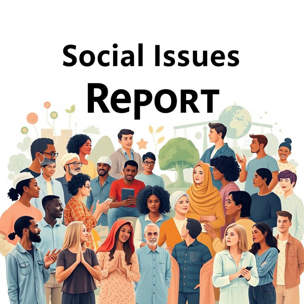 A visually striking cover page for a report on social issues, featuring a collage of diverse people from various backgrounds, ages, and ethnicities engaged in discussions about important topics such as equality, justice, and community empowerment