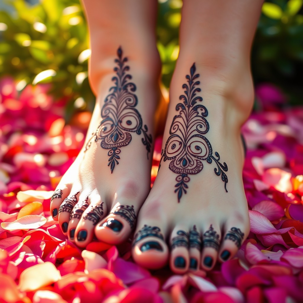 An artistic representation of a pair of elegant feet adorned with intricate henna designs, resting on a soft bed of petals, bathed in warm sunlight