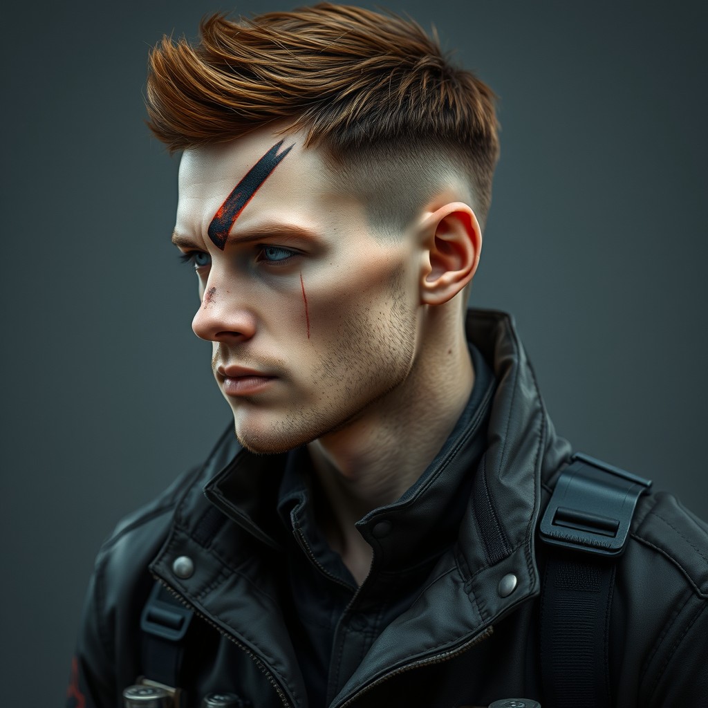 Craking Lighte, an artificial human in his thirties with a striking facial scar: a diagonal burn extending from his left eye across his temple to the back of his head