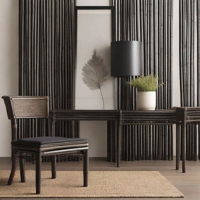 Showcase the stark contrast and texture of raw, black Javanese bamboo, often chosen for its unique aesthetic in furniture design.