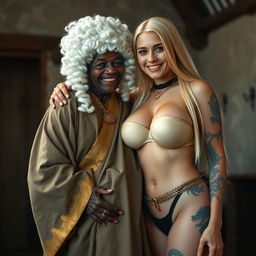 In a medieval room, a joyful 55-year-old African woman, short and malnourished, wears a white 18th-century colonial judge wig, sporting a cheerful smile