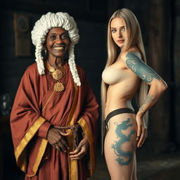 In a medieval room, a 50-year-old African woman, undernourished and short, wears a white 18th-century colonial judge's wig and has a cheerful smile