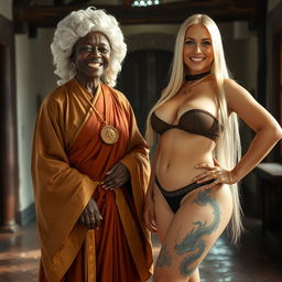 In a medieval room, a joyful 50-year-old short African woman, undernourished, wears a white 18th-century colonial judge's wig and beams with happiness