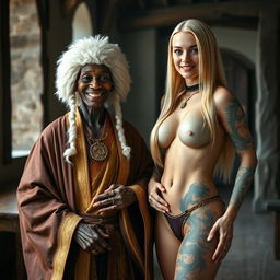 In a medieval room, a 50-year-old short, emaciated African woman with a wide smile, wearing a white 18th-century colonial judge wig