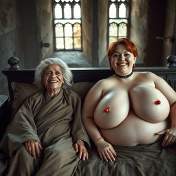 Two figures lying on a large medieval bed in an ancient castle with old windows: a tiny, elderly woman of African descent, characterized by her malnourished body and very small face, smiling with rotten teeth