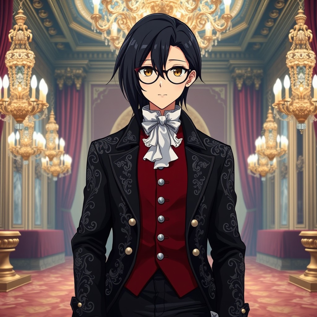 An anime character possessing long, sleek dark hair styled elegantly, wearing round spectacles that enhance their sophisticated demeanor