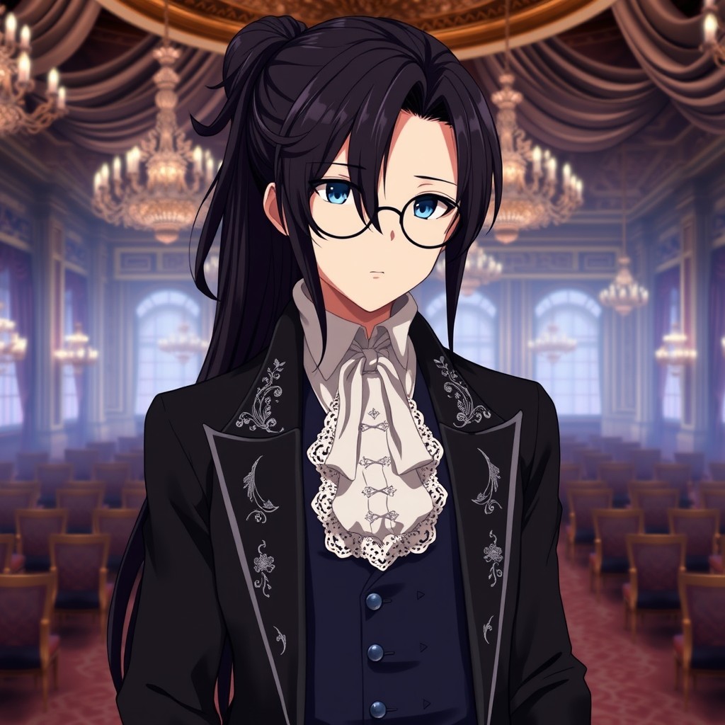 An anime character with strikingly elegant long dark hair, neatly tied back with a few loose strands framing their face, and wearing sophisticated round glasses that enhance their intellectual appearance